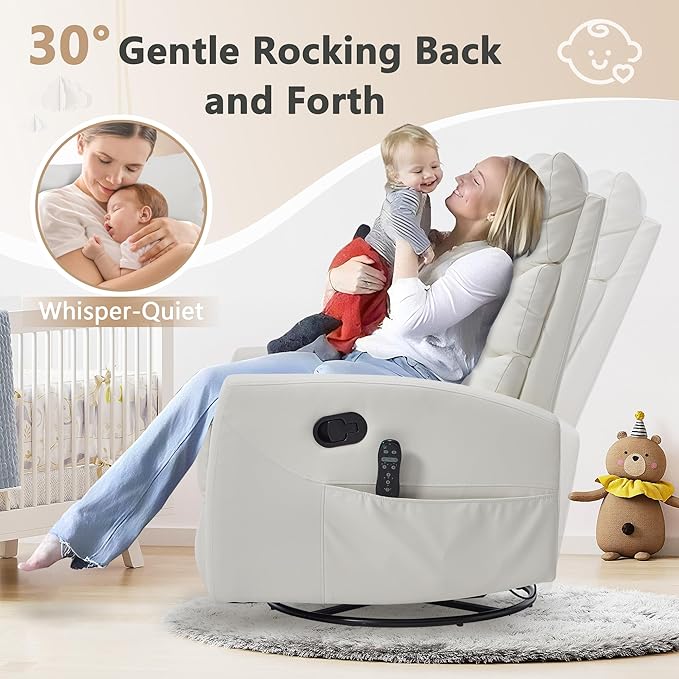 cinkehome Swivel Rocker Recliner Chair Upholstered Nursery Glider Recliner Chair with Heated Massage High Back Side Pocket (White PU Leather)