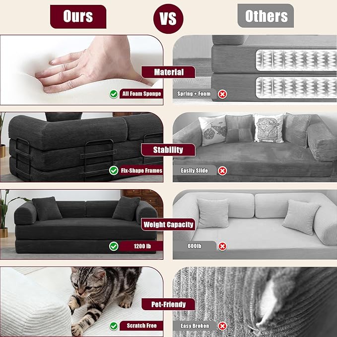 JJJ 63 inch Sofa Bed 4-in-1 Boneless Convertible Corduroy Sleeper Folding Couch with Fixed-Shape Frame and 2 Futons No Assemble Required 3 Seater Upholstered for Living Room (Black 63 inch)