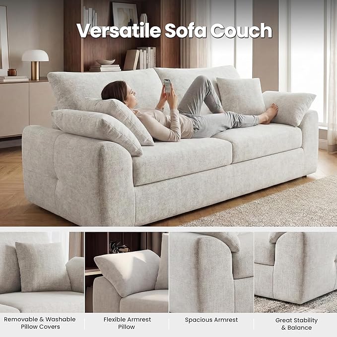 89.8 Modern Loveseat Sofa for Living Room Cloud Boneless Couches with 4 Pillows Mid Century Loveseat couches for Small Place No Assembly Required Beige