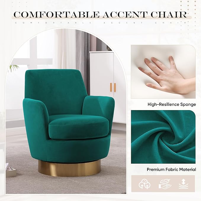 360° Swivel Barrel Chair Set of 2 28.3 Modern Velvet Round Accent Chair Comfy Upholstered Small Armchair with Gold Metal Base for Living Room Bedroom Nursery Office Sillas para Sala Emerald
