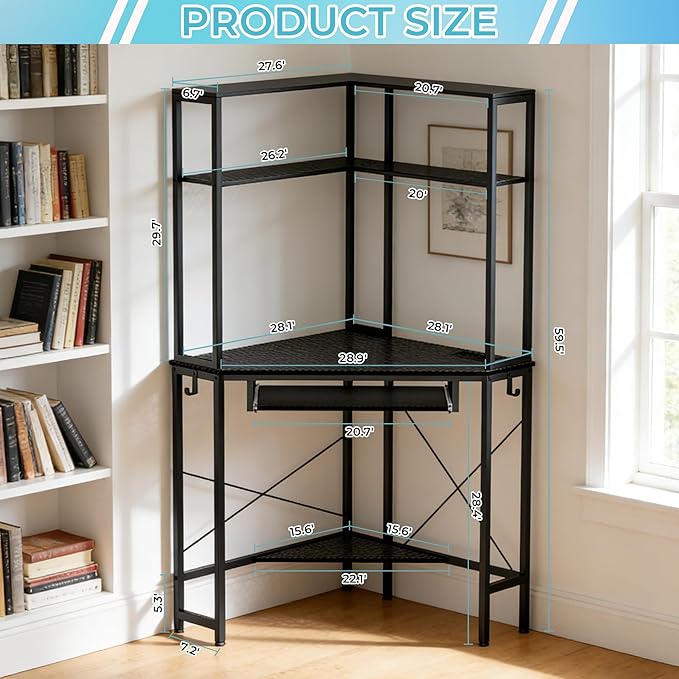 Corner Desk with Hutch and LED Lights Corner Computer Desk with Keyboard Tray and Monitor Stand Small Computer Desk for Small Spaces Home Office（Carbon Black）