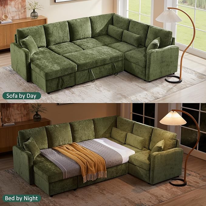 111'' Sectional Sleeper Sofa with Pull Out Bed U Shaped 6 Seat Modular Couch with Storage Chaise Modern Sectional Couch Cloud Chenille Sofa Bed for Living Room Apartment Olive