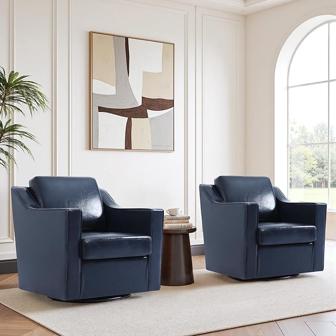 Swivel Accent Chair Modern Round Barrel Arm Chair for Living Room Bedroom Comfy Club Reading Chairs for Adults (Leather Navy Blue Set of 2)