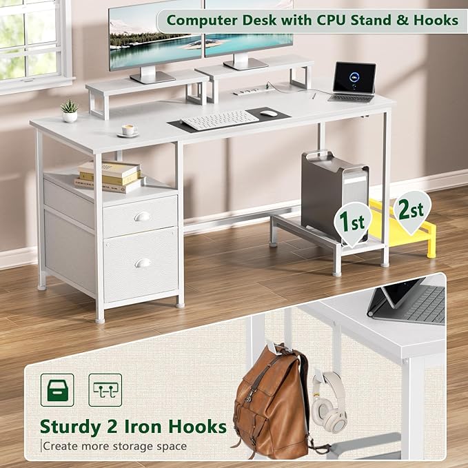 Furologee 47 Inch Computer Desk with Power Outlet Home Office Desk with Monitor Stand File Drawers Cabinet CPU Stand &amp Hooks Writing Table for Bedroom Study Work White