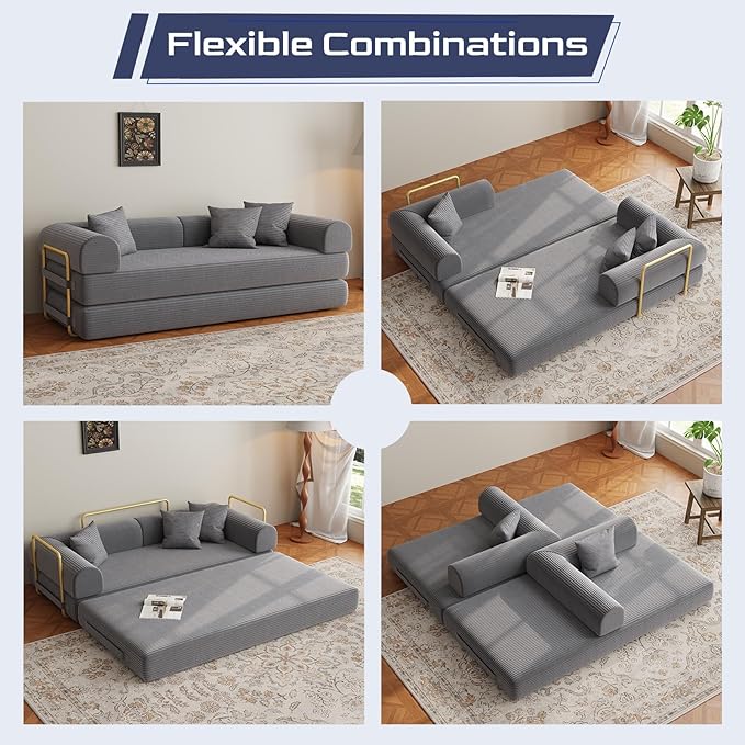 Compression Sofa 75 inch Convertible Floor Sofa Bed 2-in-1 Foldable Frameless Sofa Memory Foam Mattress Corduroy Fabric Pulls Out Couch Suitable for Living Rooms 、Apartments Grey (2 Pillows)