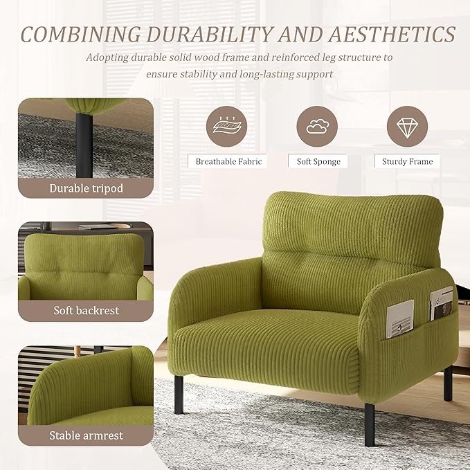 Olive Green Accent Chair - Corduroy Living Room Chairs with Side Storage Pockets and Durable Legs Comfy Arm Reading Chair with Soft Backrest for Bedroom Balcony Study Room