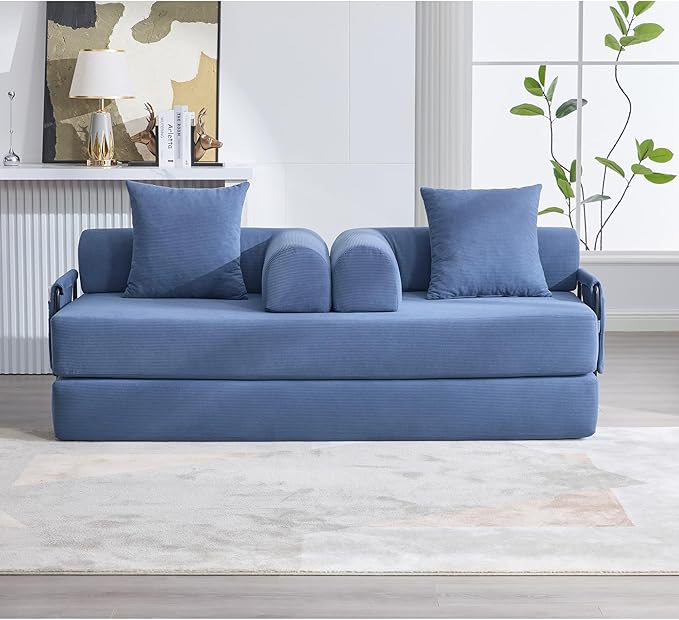 Convertible Sleeper Sofa Bed with Fixed-Shape Frame Floor Sofa Lounge Couch with Cylindrical Pillow Corduroy Folding Mattress Couch for Living Room Bedroom Navy Blue
