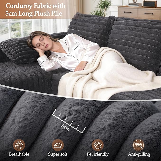 Cloud Boneless Sofa Oversized Modular Sectional L-Shape Sofa with Chaise High Backrest Corduroy Fabric Couch with USB Charging Ports Cup Holders &amp Pillows for Living Room (Light Grey)