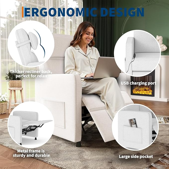 PeakPursuit Power Recliner Chair with Electric Adjustable Back USB Port &amp Side Pockets Single Overstuffed Recliner Chair for Living Room Bedroom or Home Theater Beige White