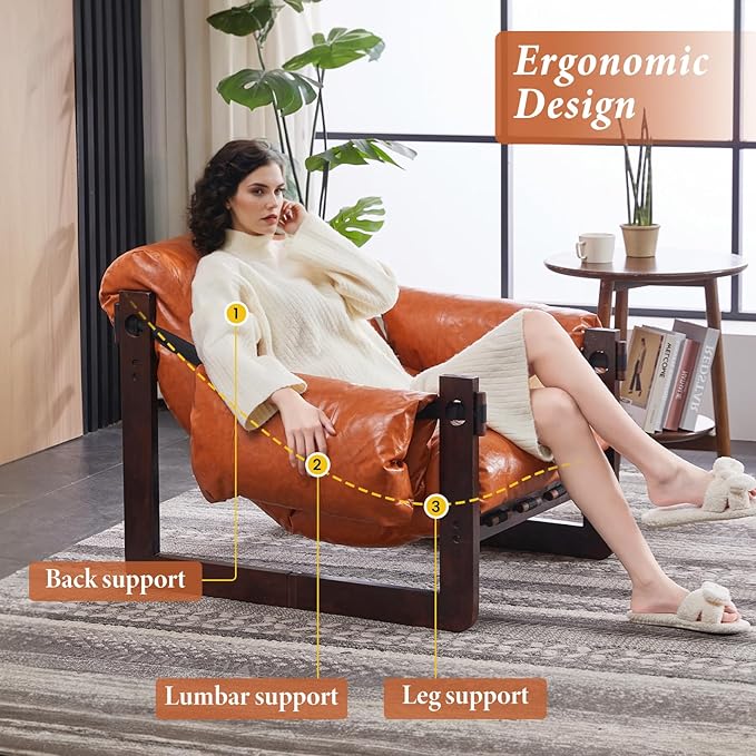 Furnilivng Modern Lounge Accent Chair Comfortable Oil Waxed Leather Arm Chair with Sturdy Wood Frame Upholstered Cozy Sofa Chair for Living Room Bedroom Dressing Room Home Office Retro Orange