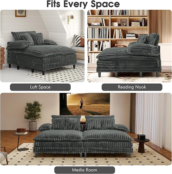 55 W Oversized Chaise Lounge Sofa Couch with 5-Position Adjustable Backrest Plush Sleeper Chair Sofa Bed Reading Chair ‌with Deep Seat Cloud Couches for Living Room Bedroom Dark Grey