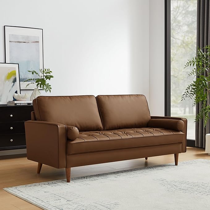 Modway Valour 73 Inch Faux Leather Sofa in Brown – Upholstered Sofa with Tufted Seat - 3-Seater Leather Couch with Cozy Wide Seats - Mid-Century Modern Couch for Living Room
