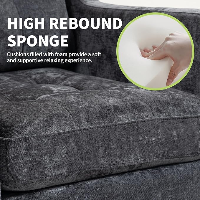 Accent Chair for Living Room Mid-Century Armchairs for Small Spaces Chenille Upholstered Comfy Reading Armchair with Studded for Bedroom (Dark Grey-B)