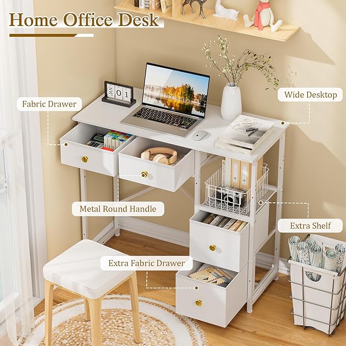 Small Computer Desk with 4 Fabric Drawers Simple Writing Desk for Home Office Compact Study Desks for Small Spaces Kids Desk Study for Bedroom White
