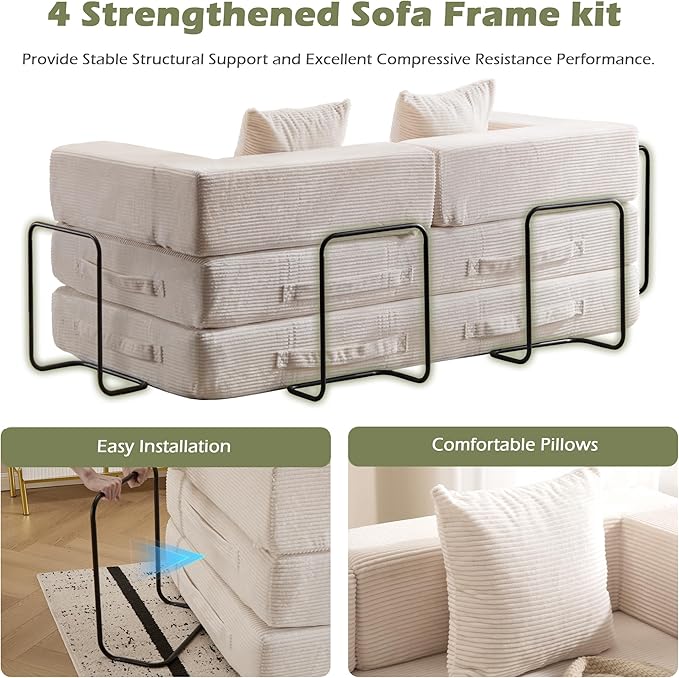 4 in 1 Convertible Sleeper Sofa Bed78’’ Compression Folding Sofa Bed with Pillows &amp Side Pockets Fold Out Floor Couch Boneless Couch for Living RoomBedroomWhite