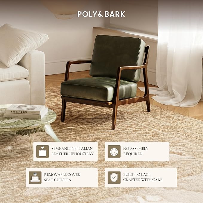 Poly &amp Bark Verity Leather Accent Chair – Armchair with Walnut Wood Frame – Fashion-Forward Lounge Seating for Living Room – Upholstered in Olivine Green Leather for Modern Style