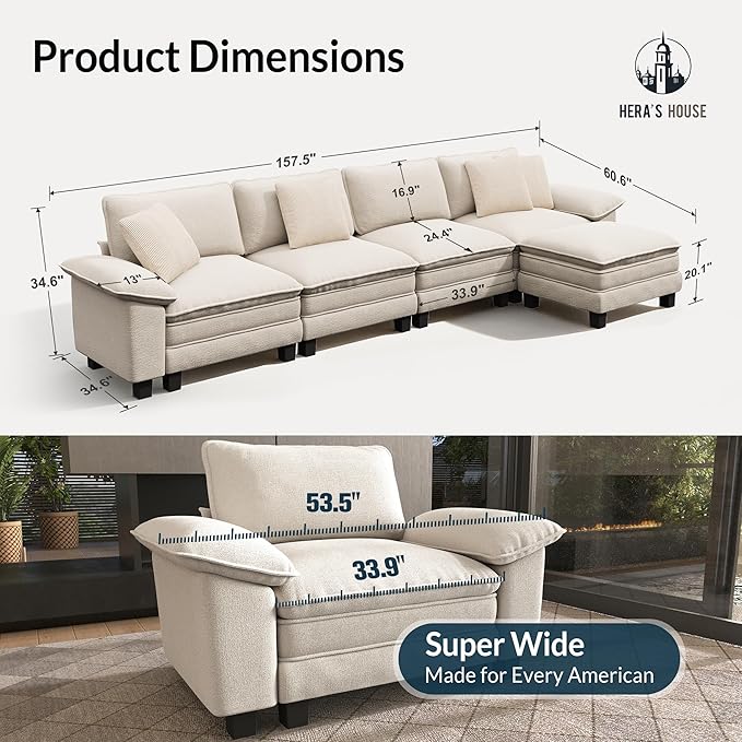 HERA'S HOUSE 158 Modular Sectional Sofa Oversized L Shaped Couches for Living Room Comfy Cloud Couch with Ottoman 5-Seater Deep Seat Sofa with Throw Pillow Chenille Beige
