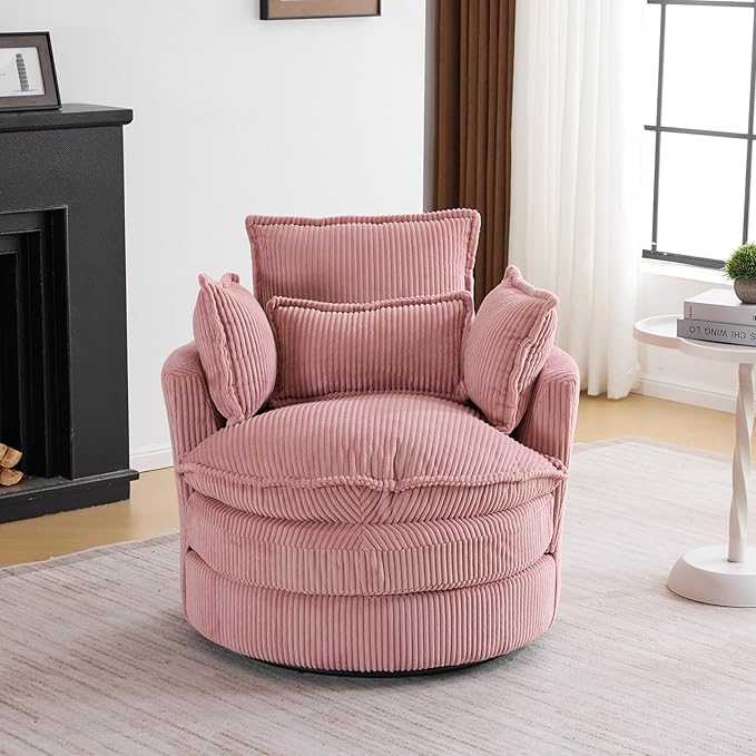 Karl home Swivel Barrel Chair-Corduroy360 Degree Modern Lounge Armchair ChairComfy Round Accent Single Sofa Chair with 3 Pillows for Living RoomBedroomLoungeHotelPink