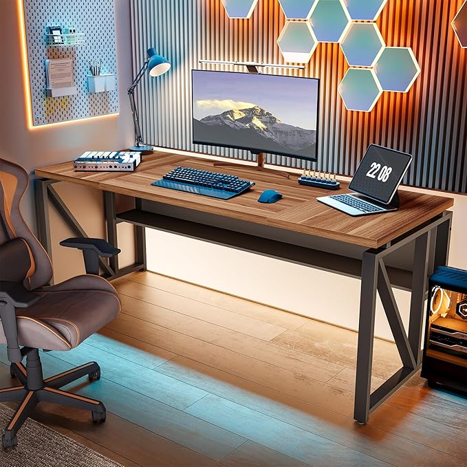 LITTLE TREE 63-Inch Executive Office Desk Large Computer Desk with Storage Shelf Executive Desk with Metal Frame Study Writing Desk Work Station for Home Office Brown + Black