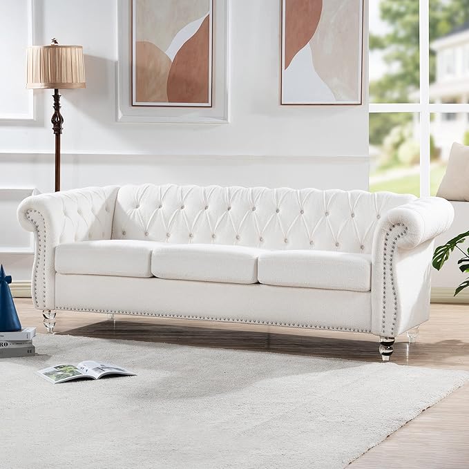 GDFStudio 85 Tufted Button Chesterfield Sofa with Deep Seat Cushions Rolled Arms &amp Gold Accent Strip 3-Seater Midcentury Modern Sofa for Living Room Classic Couch Furniture White + Polyester