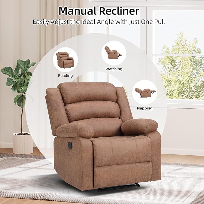 Manual Recliner Chair with Overstuffed Arm and Extra-Padded Back Breathable Fabric Reclining Chair for Adults Single Sofa for Living Room Bedroom (Chocolate)