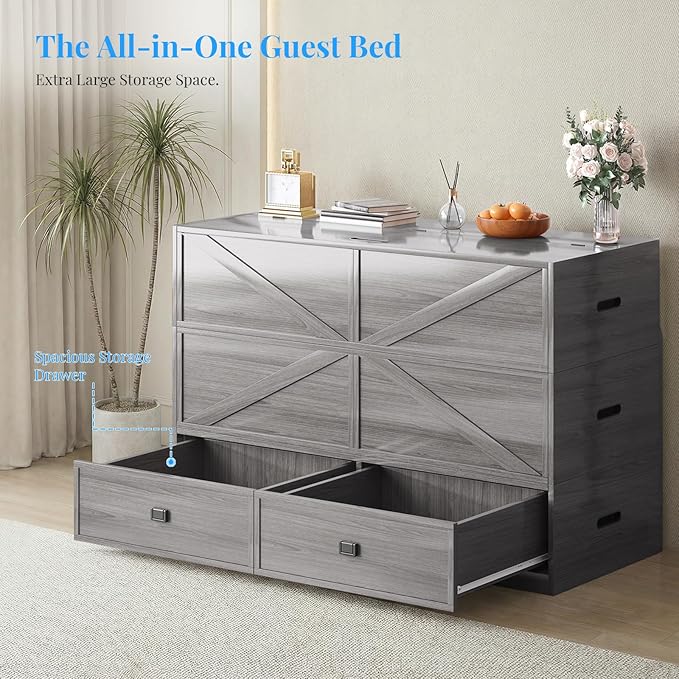 PUREMIND Murphy Bed Full with Mattress Included Wood Cabinet Bed with Dual Storage Drawers &amp 2 Pillows 3-in-1 Convertible Sofa Beds for Small Space Guest Room Home Office Gray