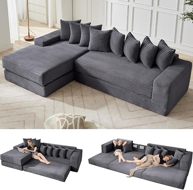 110 Oversized L Shaped Convertible Sleeper Sofa Bed Corduroy Folding Sectional Sofa with 8 Pillows &amp Storage Bags Modern Floor Mattress Couch for Living Room Small Spaces Dark Grey Left Chaise