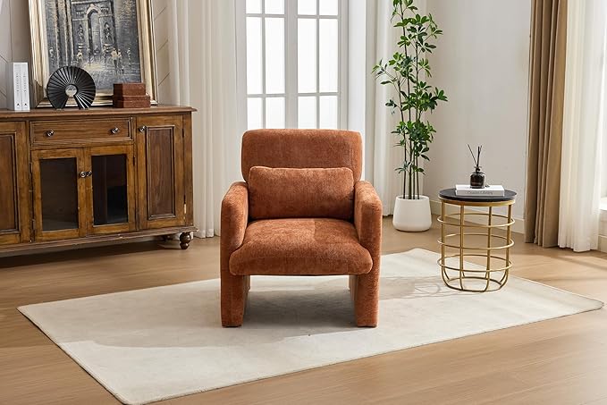 GDFStudio 30 Modern Accent Chair Upgrade Leisure Boucle Upholstered Armchair with Straight Arms and Waist Pillow Comfy Single Sofa Chair for Living Room Bedroom Office Apartment Orange
