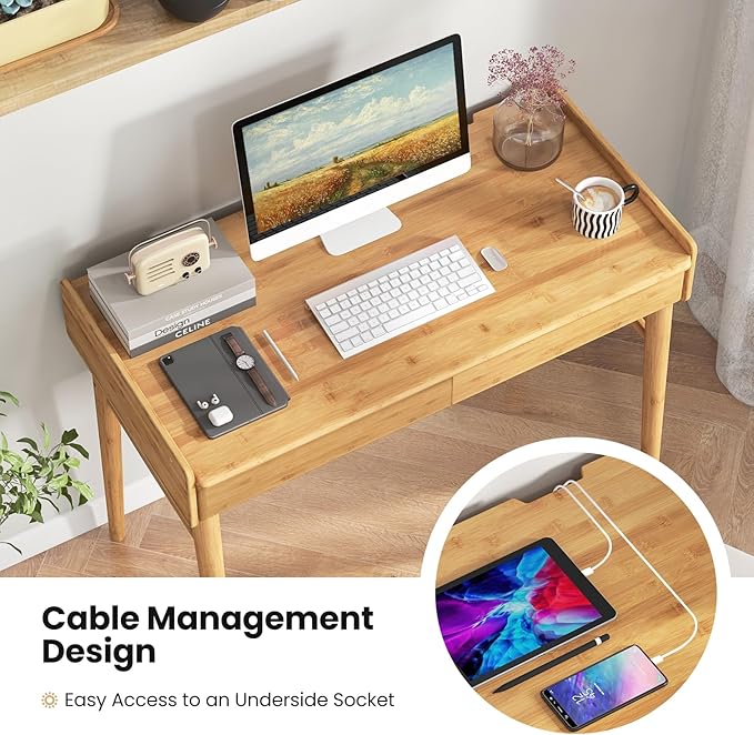 Giantex Computer Desk 39.5 Bamboo Home Office Desk with 2 Storage Drawers and Open Shelf Makeup Table Vanity Desk Modern Writing Desk Computer Workstation for Bedroom Study Natural