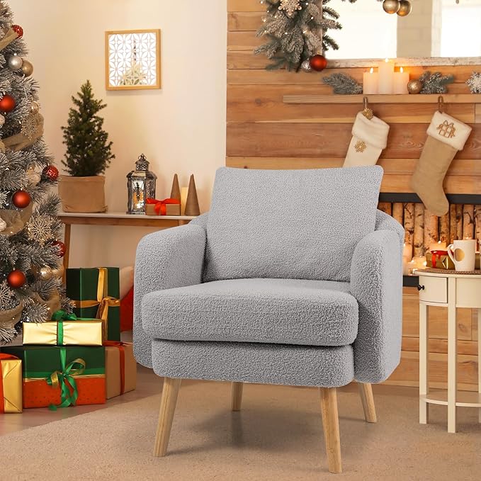 Giantex Sherpa Accent Chair Modern Upholstered Single Sofa Chair with Back Pillow &amp Solid Rubber Wood Legs Teddy Barrel Arm Chair for Reading Living Room Bedroom Office Grey