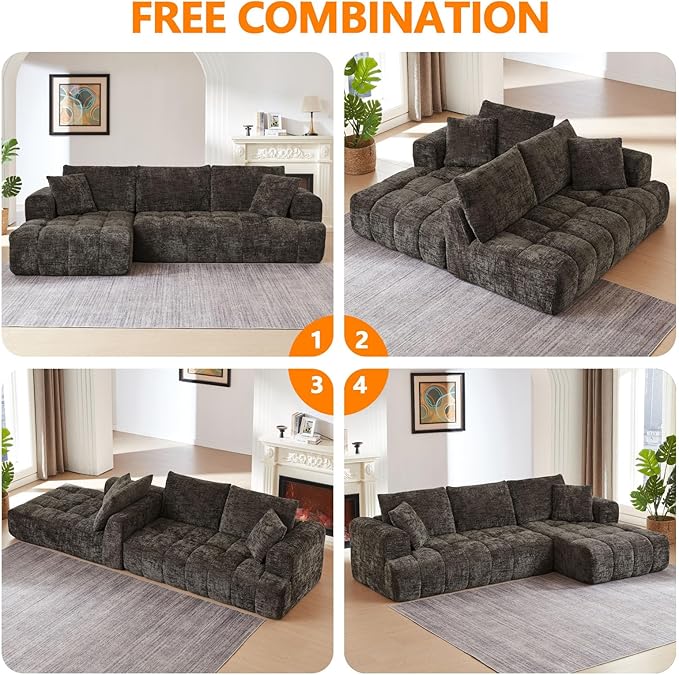 Luxury 108 L Shape Boneless Couches for Living Room Chenille Modular Sectional Cloud Sofa Couch W/Deep Seat &amp Pillows Memory Foam Couch W/Oversized Chaise (Brown Left Facing Chaise)
