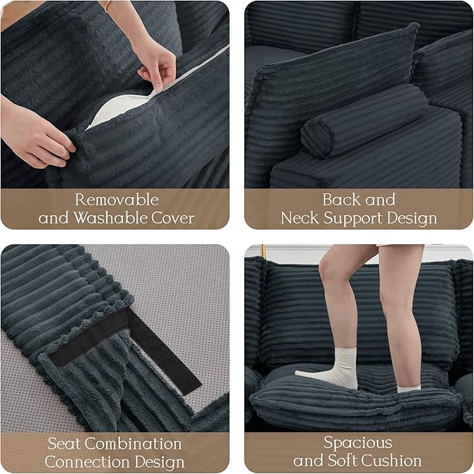 Modern L Shape Boneless Couch 109.4 Modular Sectional Sofa with Ottoman Comfy Corduroy Cloud Sofa with Deep Seat &amp Double-Layer Cushion Convertible 4 Seater Sleeper Couches for Living Room Gr