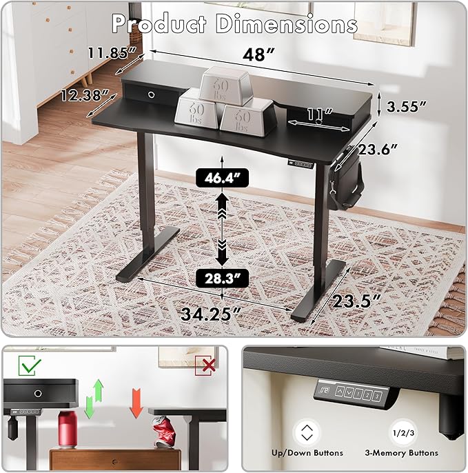 Realbear 48x24 Inch Electric Standing Desk with Drawers Height Adjustable Sit Stand Up Desk Storage Shelf Ergonomic Home Office Desk (Black 48 * 24 Inch)