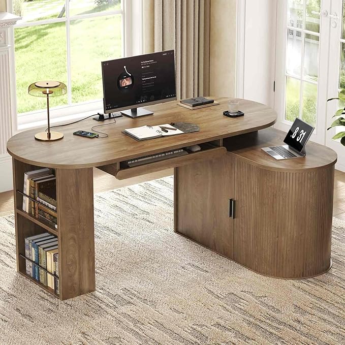 HSH L Shaped Computer Desk with Storage Cabinet Reversible Office L Desk with Keyboard Tray and Open Shelves Home Office Corner Executive Desk with Power Outlet Annual Ring Wood 60 Inch