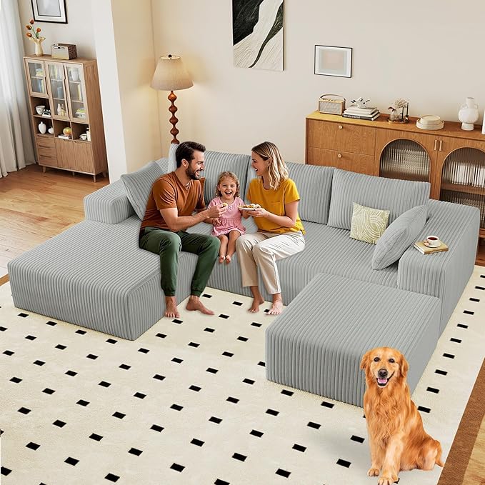 96 Modular Sectional Sofa with Ottoman Modern Corduroy Cloud Couch with Deep Seat Boneless Couch Upholstered 3-Seater U-Shaped Sofa for Living Room No Assembly (Light Grey Left-Facing Chaise)