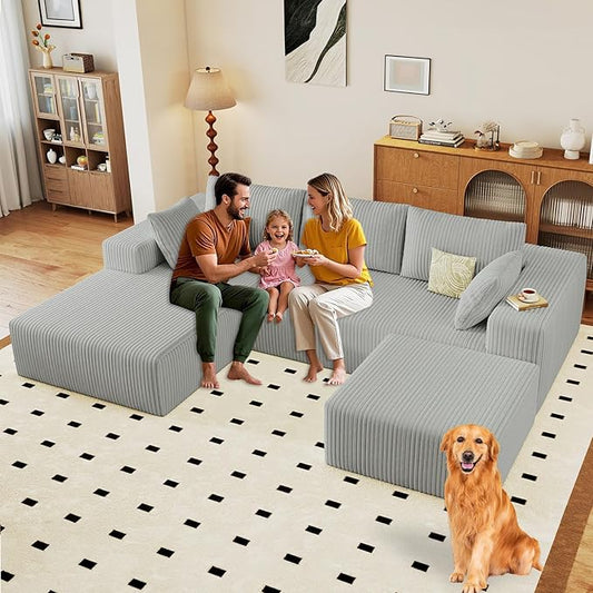 96 Modular Sectional Sofa with Ottoman Modern Corduroy Cloud Couch with Deep Seat Boneless Couch Upholstered 3-Seater U-Shaped Sofa for Living Room No Assembly (Light Grey Left-Facing Chaise)