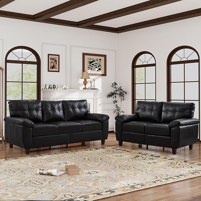 Faux Leather Sofa Couch and Loveseat Sets with Hidden Storage &amp Tufted Backrest Mid Century Modern Couch Deep Seat Comfy Chesterfield Sofa for Living Room Office(Loveseat + 3 Seater Sofa Black