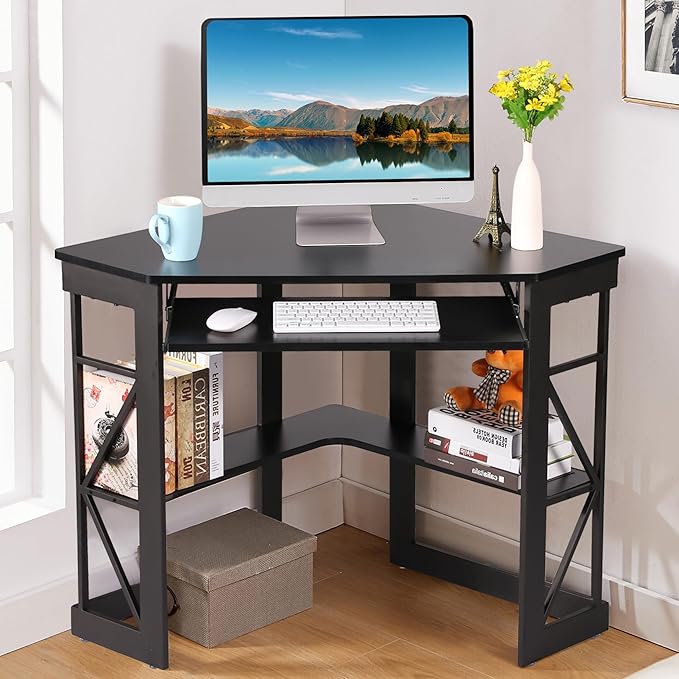 VECELO Corner Desk Computer Desk Writing Table with Smooth Keyboard Tray &amp Storage ShelvesCompact Home Office Triangle TableBlack