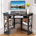 VECELO Corner Desk Computer Desk Writing Table with Smooth Keyboard Tray &amp Storage ShelvesCompact Home Office Triangle TableBlack
