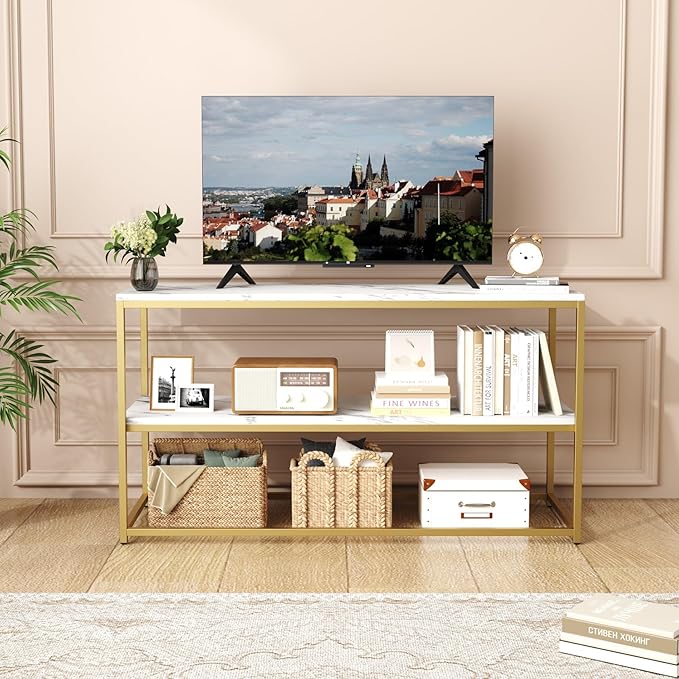 Function Home TV Stand for TVs up to 50 Inch 2 Tier Entertainment Center Modern TV Cabinet with Marble Top and Gold Metal Base 42 Media Console Table with Storage for Living Room Bedroom