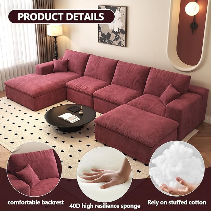 136.6'' U-Shaped Modern Modular Sectional Cloud Couch Whit Ottoman 4-Seat Chenille Deep-Seat Sofa with Pillow for Living Room Bedroom Apartment Wine Red