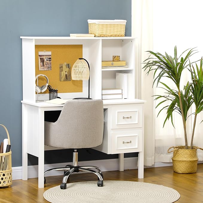 Computer Desk with Drawers Shelves Home Office Desk with Storage Corkboard Workstation Table with Cable Hole White