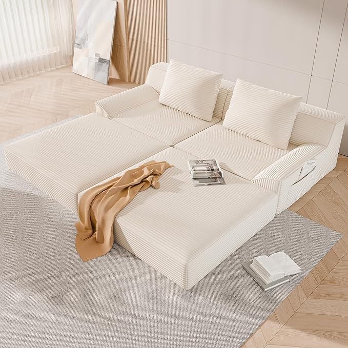 79 Convertible Sofa Bed Upholstered Boneless Couch Loveseat Sleeper with Pull Out Bed Corduroy Futon Couch Floor Folding Sofa Modular Futon Couch for Living Room Bedroom Lounge Beige