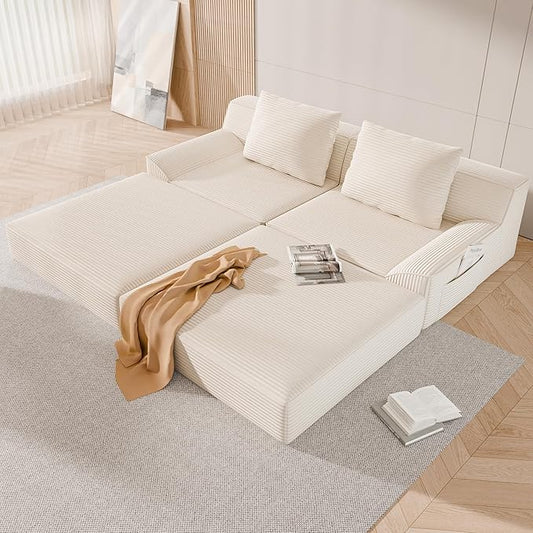 79 Convertible Sofa Bed Upholstered Boneless Couch Loveseat Sleeper with Pull Out Bed Corduroy Futon Couch Floor Folding Sofa Modular Futon Couch for Living Room Bedroom Lounge Beige