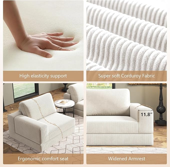 78loveseat Sofa Convertible Sofa Bed Modular Sectional Sofa Modern Deep Seat Folding Sofa for Living Room Bedroom No Assembly Required Corduroy Fabric Flexible Configurations(White 2-SEATER)
