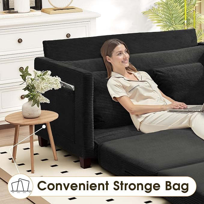 65 Convertible Loveseat Sofa Bed 2-in-1 Folding Sofa Bed with 2 Pillow for Small Spaces Modern Loveseat Sleeper Couch for Apartment Living Room &amp Guest Room (Black Corduroy 65 inch)
