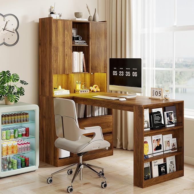 L Shaped Desk with Hutch and 2 Drawers Computer Desk with USB Ports Power Outlets &amp LED Light Wood Corner Computer Desk with Storage Shelves for Home Office Brown
