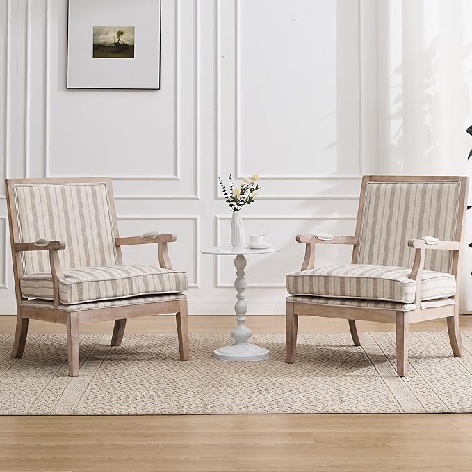 Modern Farmhouse Striped Accent Chair Wide Upholstered Living Room Chair with Armrest Pads Coastal French Country Wooden Armchair for Bedroom Guest Room Striped Linen Fabric