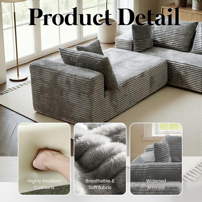 139'' U Shaped Sectional Couches for Living Room 8 Seater Faux Fur Modular Boneless Cloud Sofa with Chaise Lounges 4-in-1 Flexible Combination Deep Seat Corner Large CouchNo Assembly Light Grey
