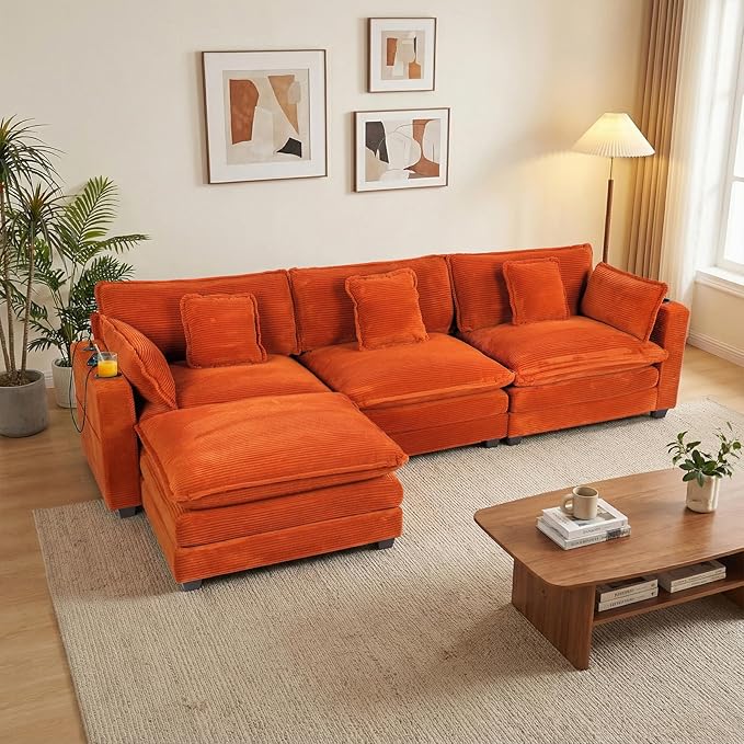 Gexpusm Modular Sectional Sofa99 Couches for Living RoomCorduroy Sofa with Ottoman &amp PillowCloud Sectional Couch with Cup Holders &amp USBSide Pockets3-Seat Corduroy Boneless Chair Indoor (